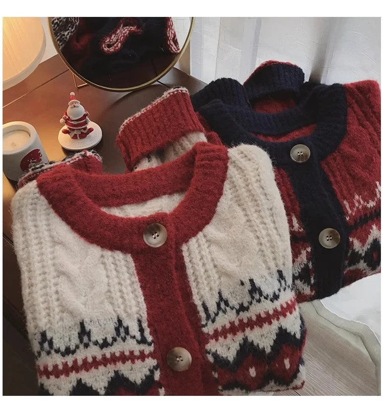 Super Sale jacquard round neck knitted cardigan for women Christmas red sweater jacket      S4808