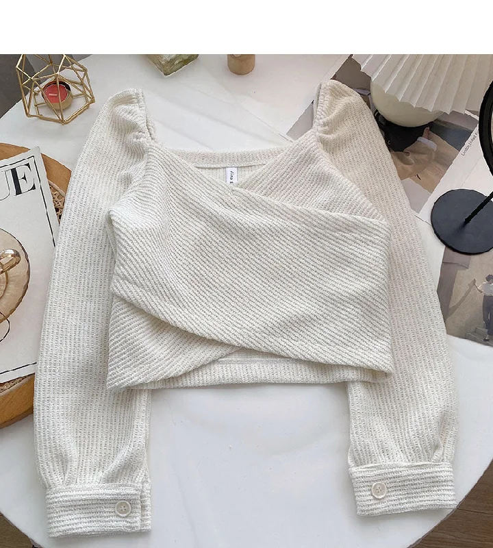 Year-End Sale Korean irregular cross short slim long sleeve collarbone leakage top  6345