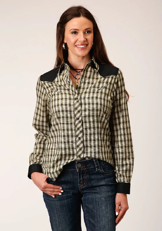 Best Bargains Roper Womens Cream Windowpane Green Cotton Blend L/S Shirt