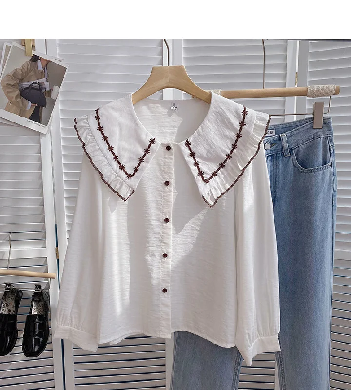 Year-End Clearance Korean version of thin Hong Kong style retro art doll collar single breasted top  6402