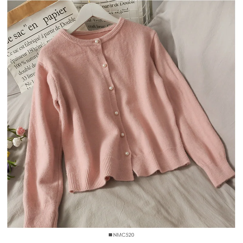 Daily Deals Sweet wind pearl single breasted crew neck cardigan sweater  1718