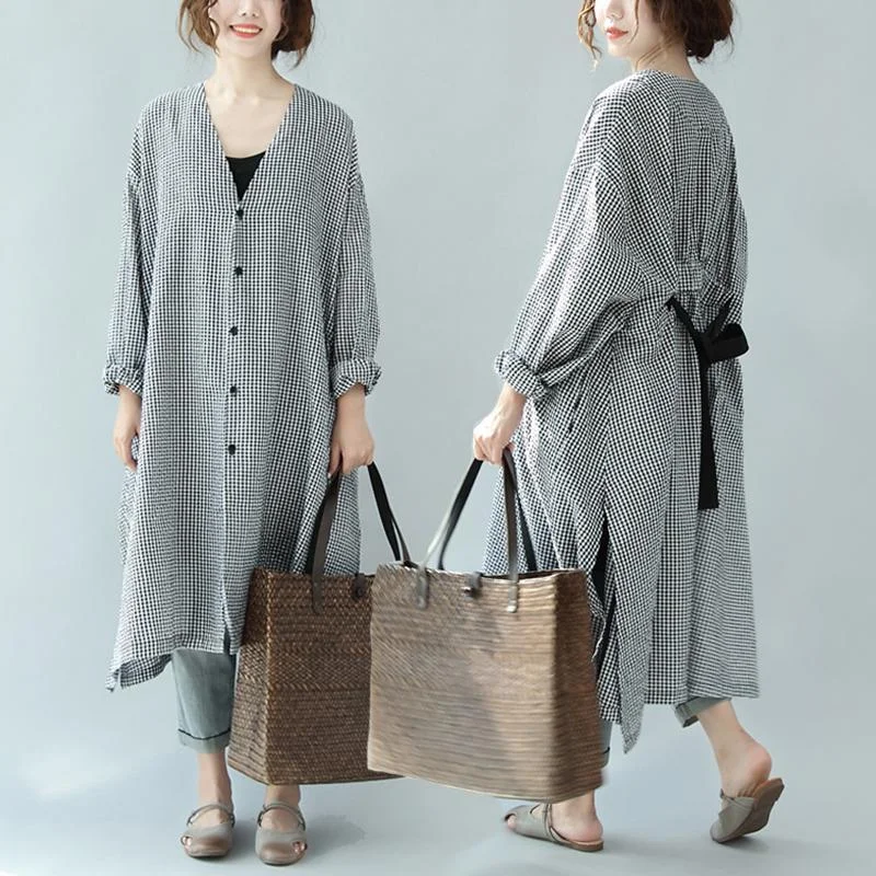 Mega Deal Spring Linen Plaid Casual Loose Long Shirt Dress For Women