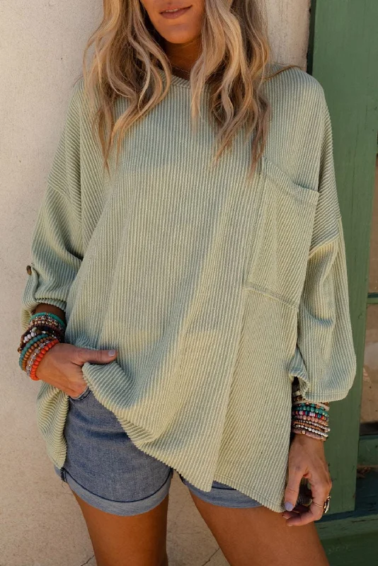 Price Drop Pink Ribbed Roll-tab Sleeve Chest Pocket Oversize Top
