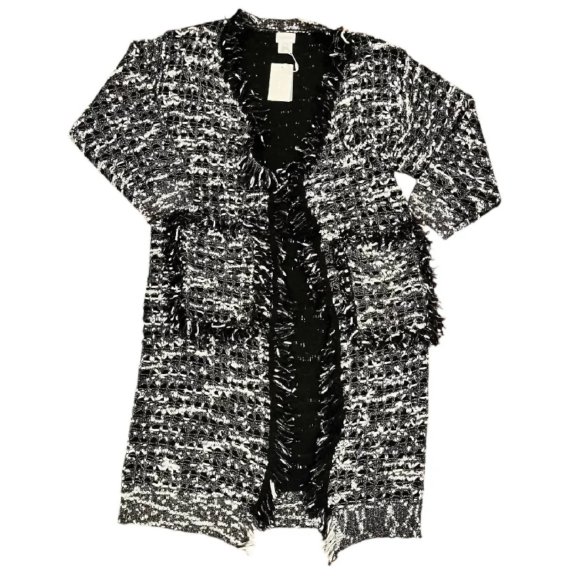 Price Blitz Women's Long Cardigan Fringe Knit Sweater In Black/white