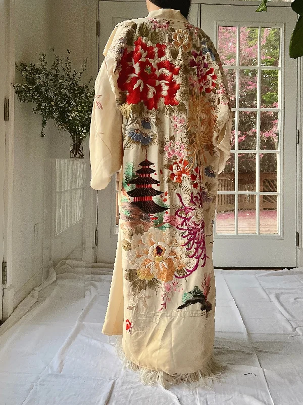 While Supplies Last RARE Antique Couched Silk Floral Embroidered Kimono - OSFM