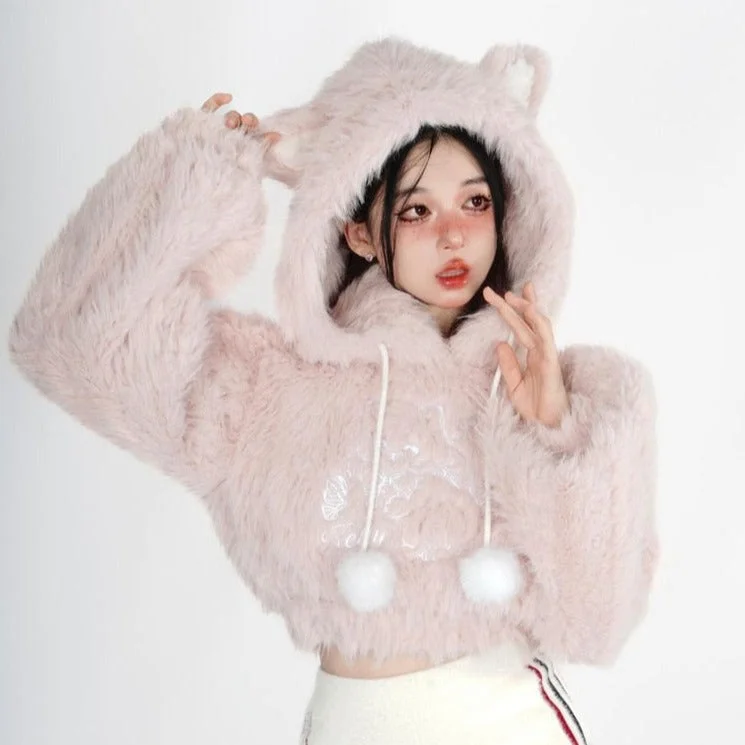 Final Sale Fuzzy Kitten Cropped Hoodie