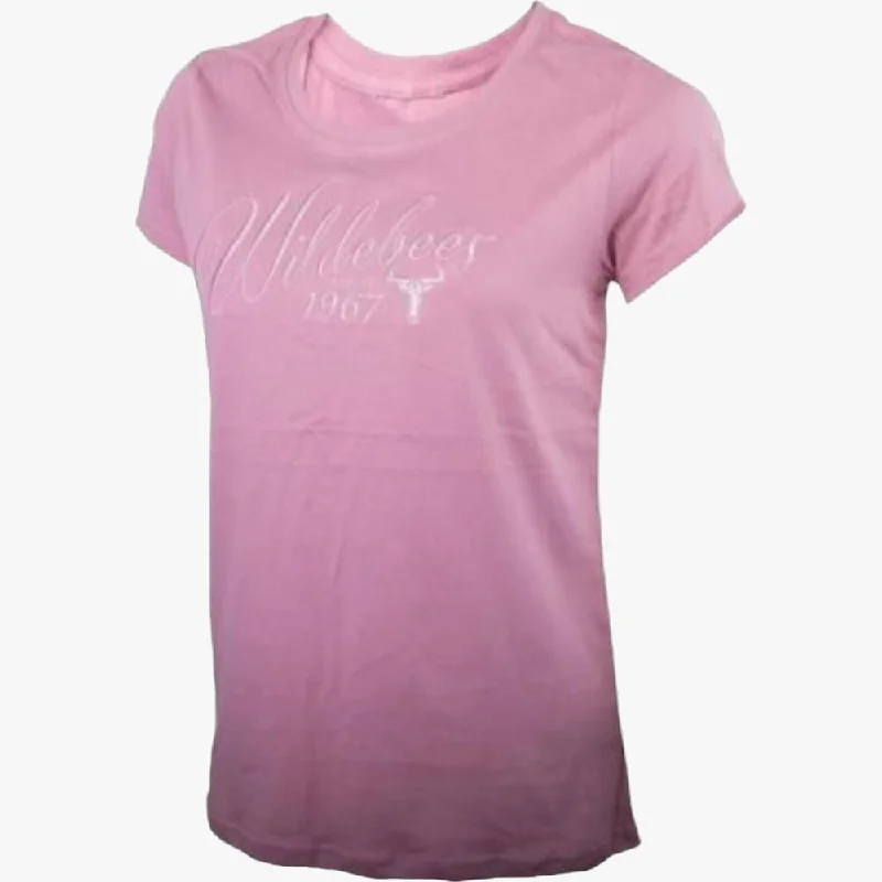 Super Savings Wildebees Womens Ladies Scripty Embroid Short Sleeve Tee Mauve Glow