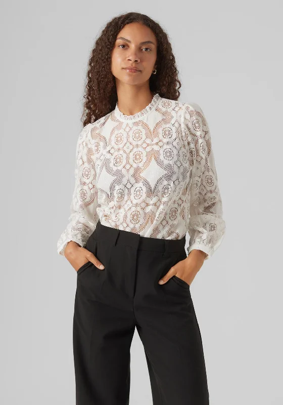 Sale Event Vero Moda Gannah Semi Sheer Lace Blouse, Cloud Dancer