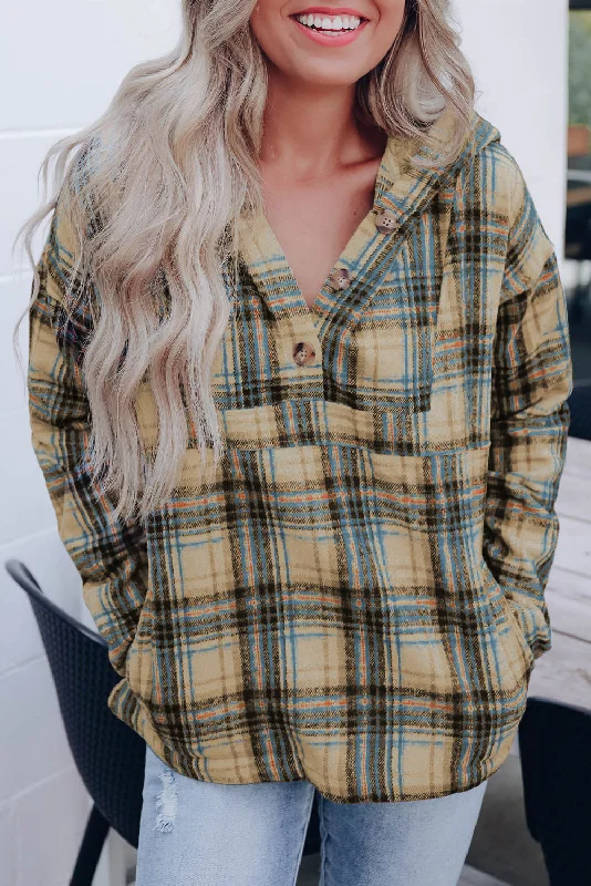 Reduced Prices Khaki Plaid Button Neck Pocketed Pullover Hoodie