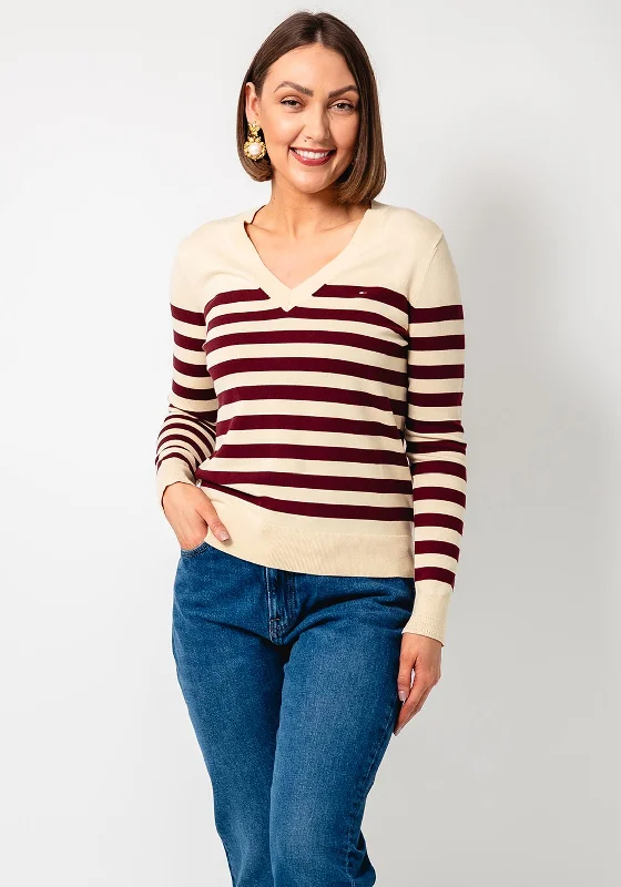 Final Sale Tommy Hilfiger Womens V-Neck Jersey Stitch Sweater, Beige & Wine