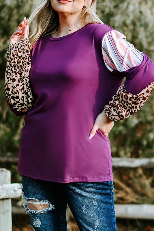 Discount Mania Purple Color Block Leopard Striped Sleeve Plus Size Top