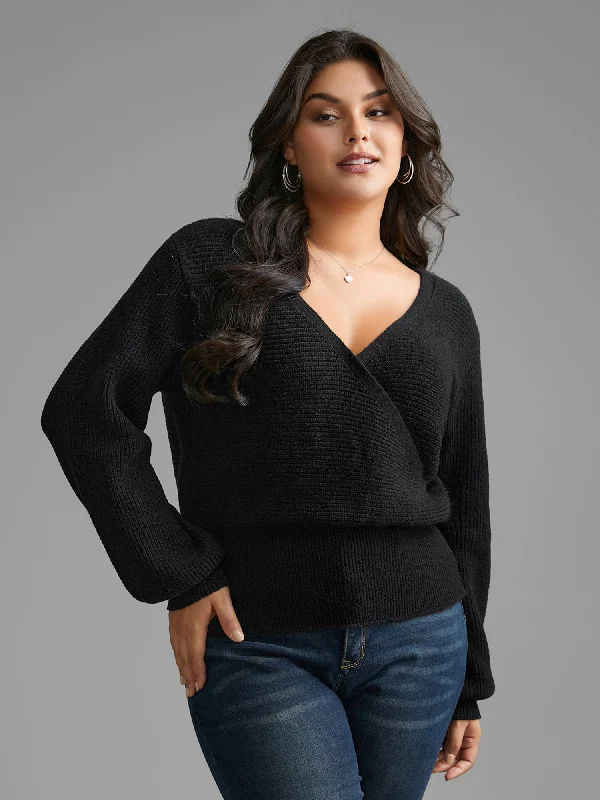 Today's Special Overlap Collar Textured Lantern Sleeve Pullover