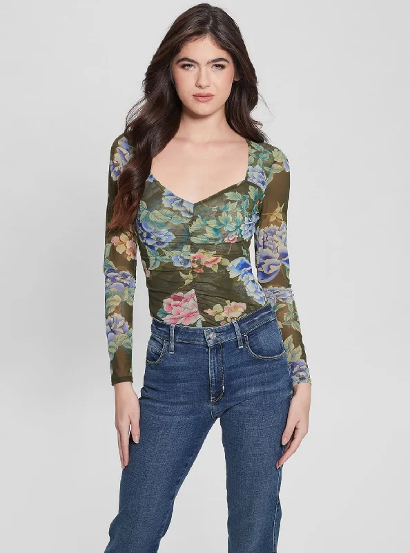 Eco Floral Print Shirred Reyla Mesh Top