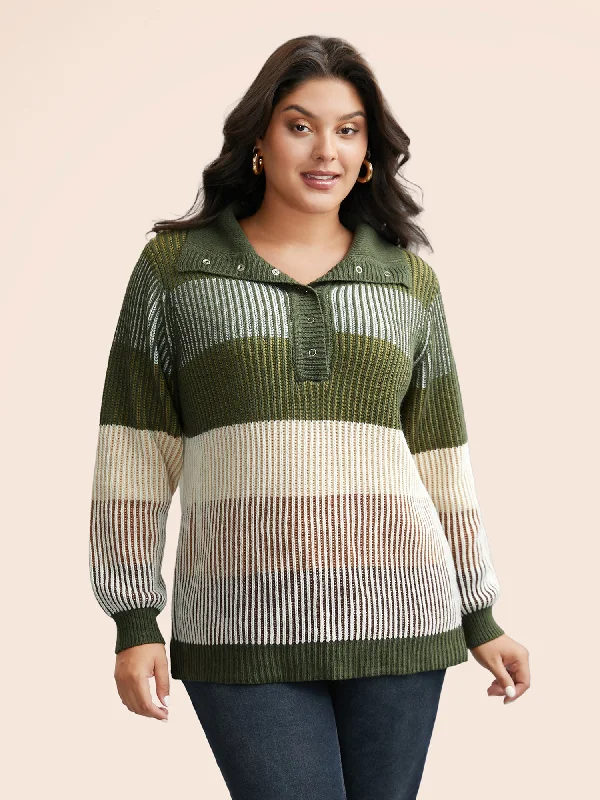Weekend Specials to Delight Polo Neck Texture Contrast Button Up Pullover