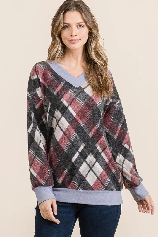 Exclusive Deal Celeste Plaid V-Neck Long Sleeve T-Shirt