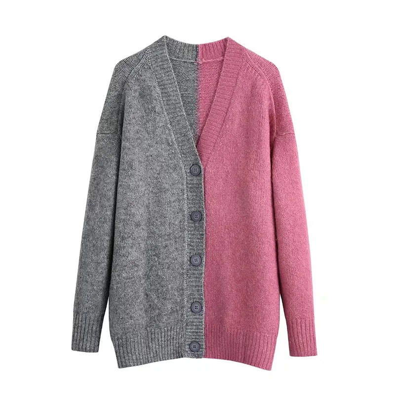 Online Specials Versatile V-Neck long sleeve contrast stitched knit coat  7731