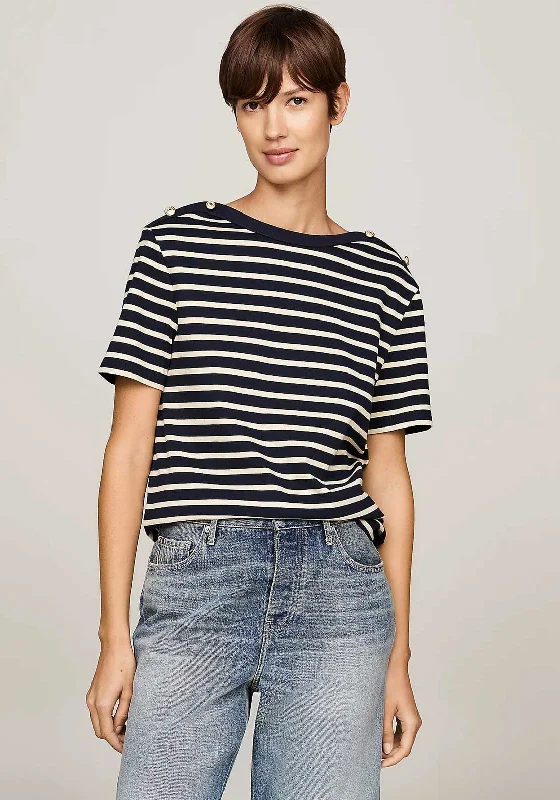 Can't Miss Tommy Hilfiger Button Detail Striped T Shirt, Navy