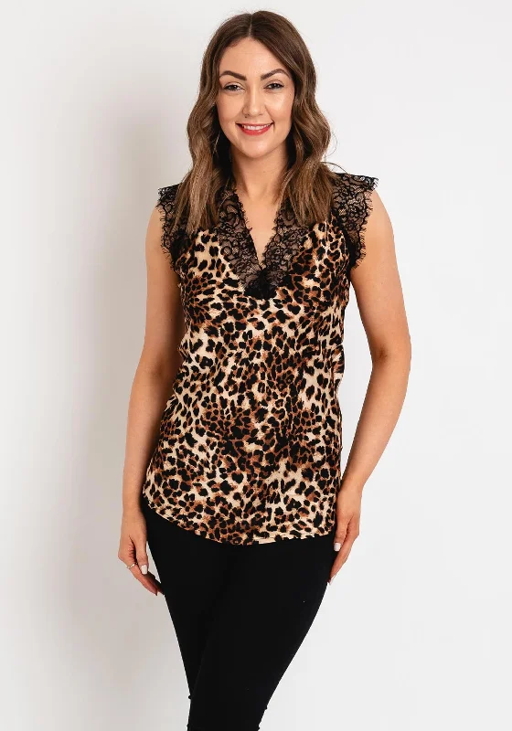 Quick Sale Kate & Pippa Lauren Animal Print Lace Cami Top, Tan