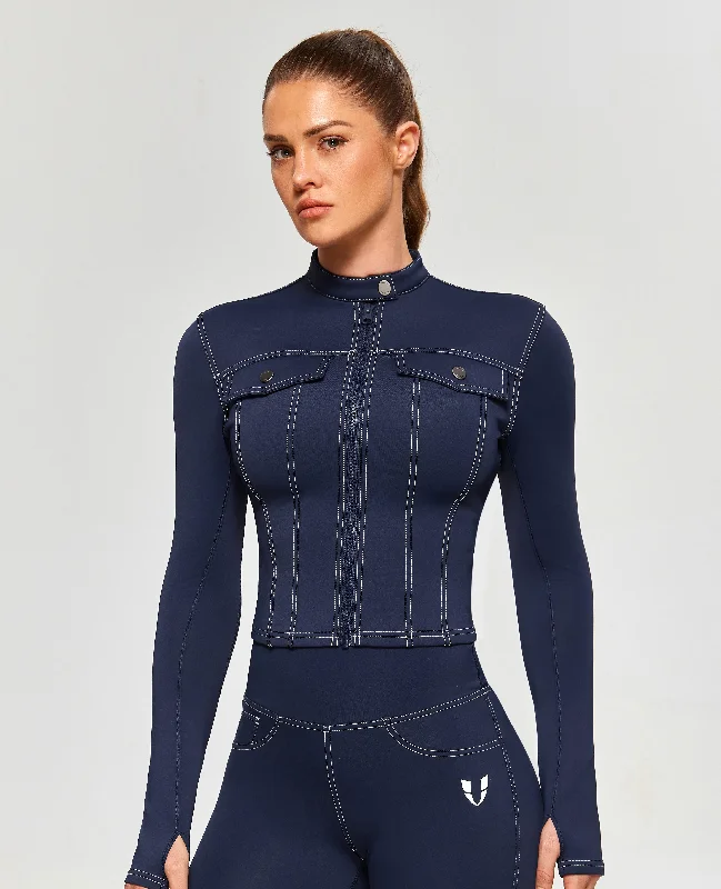 Bonus Offer Contrast Stitching Moto Jacket - Navy Blue