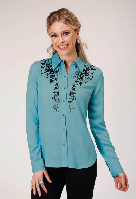Savings Alert Roper Womens Floral Challis Blue 100% Rayon L/S Blouse