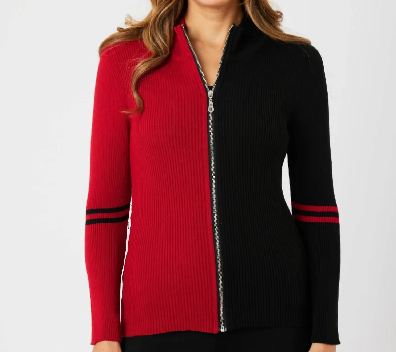 Today's Deal Two Tone Ribbed Zip Up Cardigan In Black/red