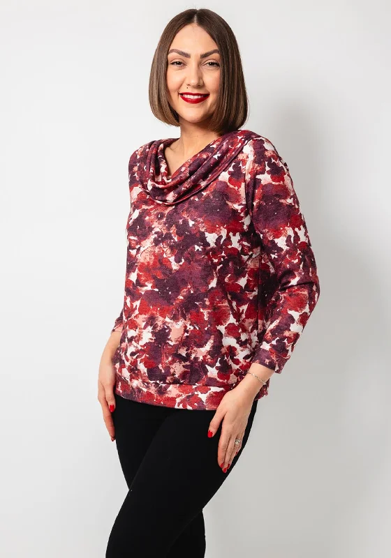 Price Smash Leon Collection Blurred Floral Cowl Neck Top, Wine