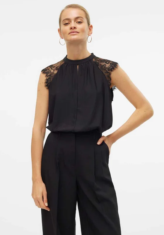 Price Buster Vero Moda Milla High Neck Lace Sleeve Top, Black