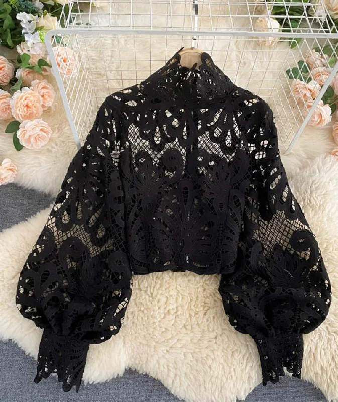 Weekend Specials to Relish Stylish hollow lace top puff sleeve top  381