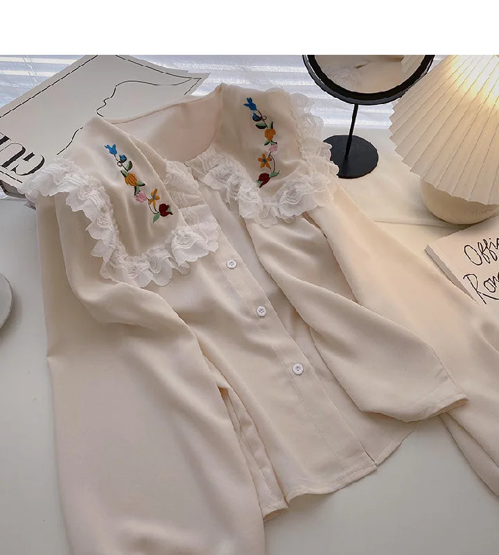 Celebrate the Weekend with Discounts Korean girls' sense of foreign style lace doll neck top  6265