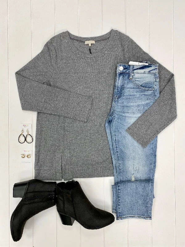 Front Split Heathered Grey Sweater