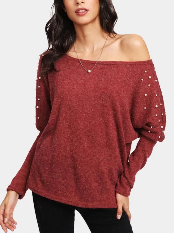 Today’s Special Custom Round Neck One Shoulder Handmade Beaded Long Sleeve Rust Top