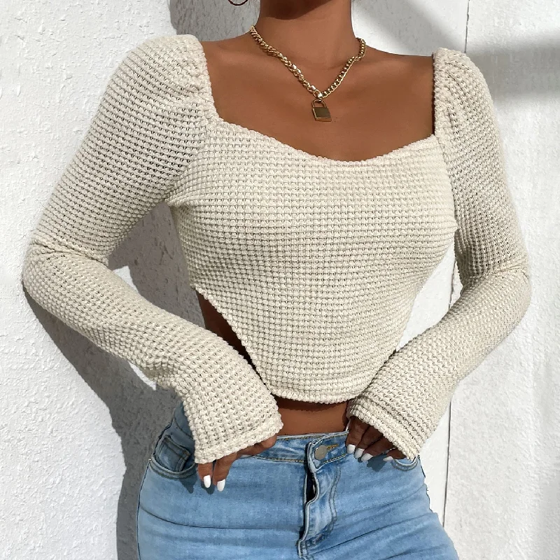 Stock Clearance Sexy Wide Neck T-Shirt Hollow Slim Solid Color Long Sleeve Wholesale Crop Tops