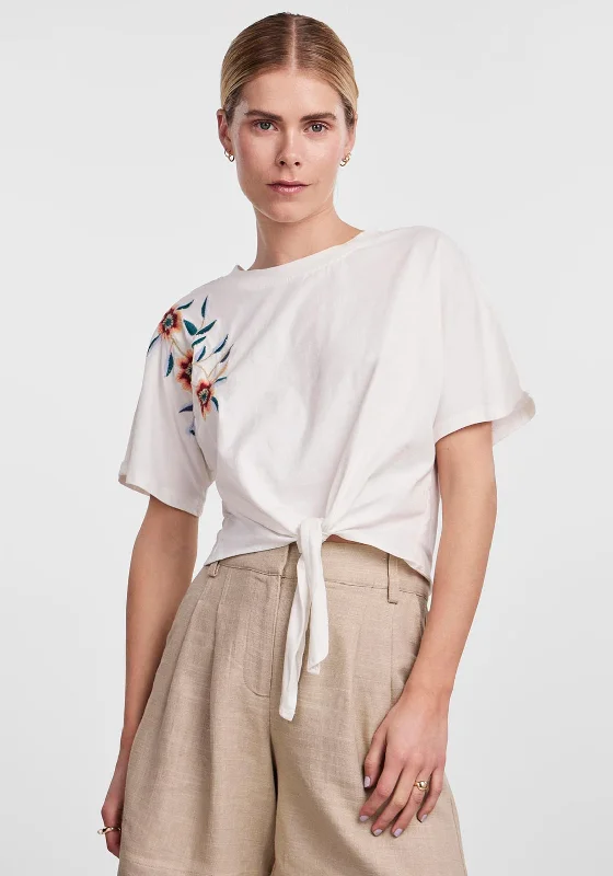 Final Clearance Y.A.S Fabian Embroidered Floral Knot T-Shirt, Star White