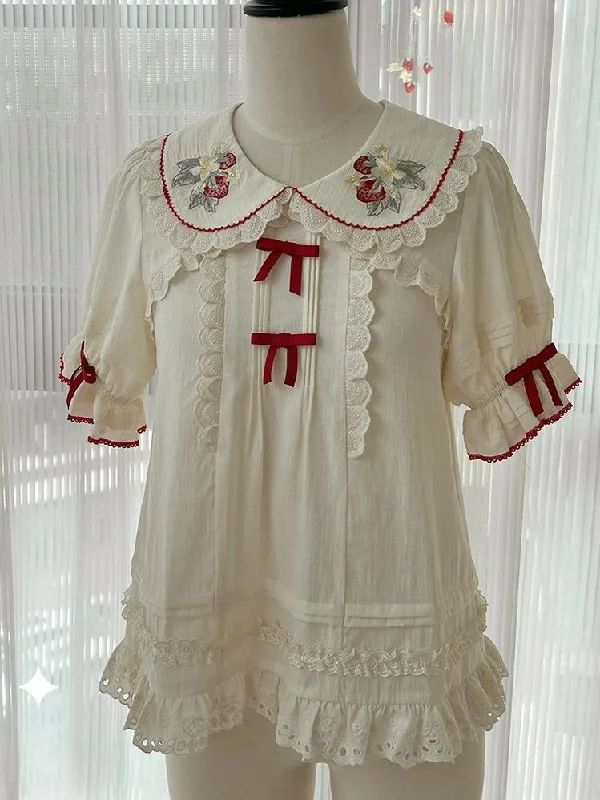 Baozizhu~Sweet Lolita Shirt Strawberry Embroidery Ivory Blouse