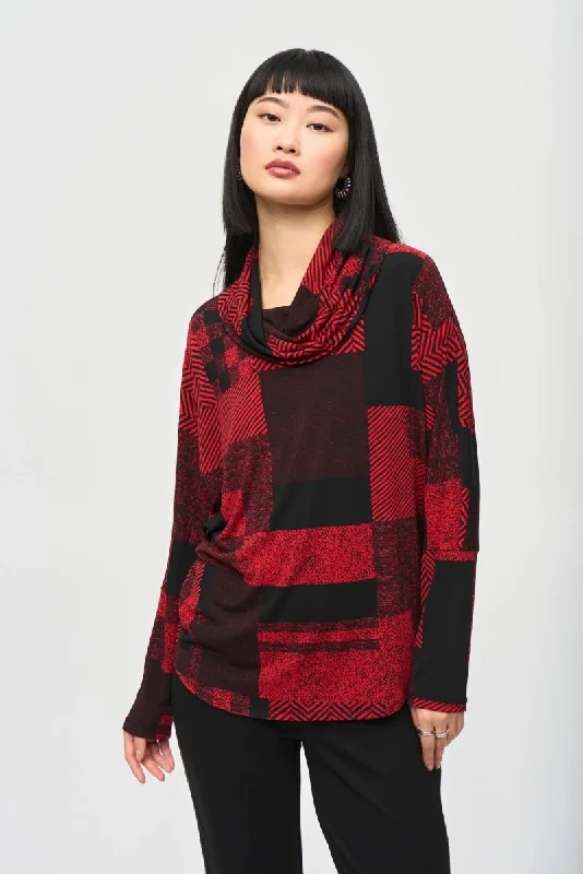 The Best Prices Joseph Ribkoff Black/Red Geometric Print Cowl Neck Boxy Top 243249