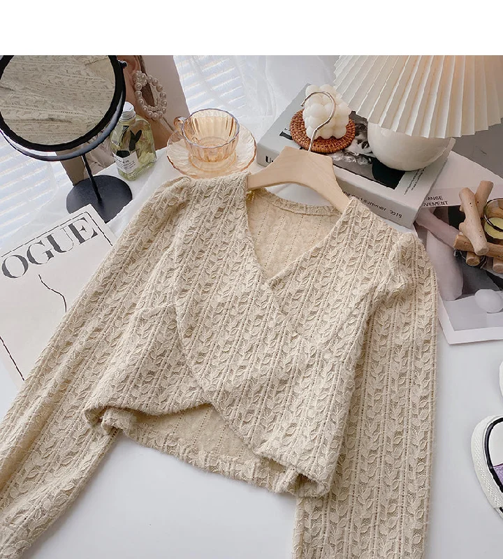 Don’t Miss Out New Korean cross style short V-Neck long sleeve top  6346
