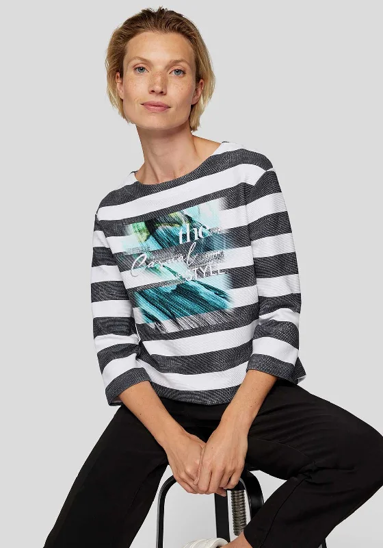 Unmissable Offer Rabe Striped Graphic Print Cropped Sleeve Top, Dark Grey