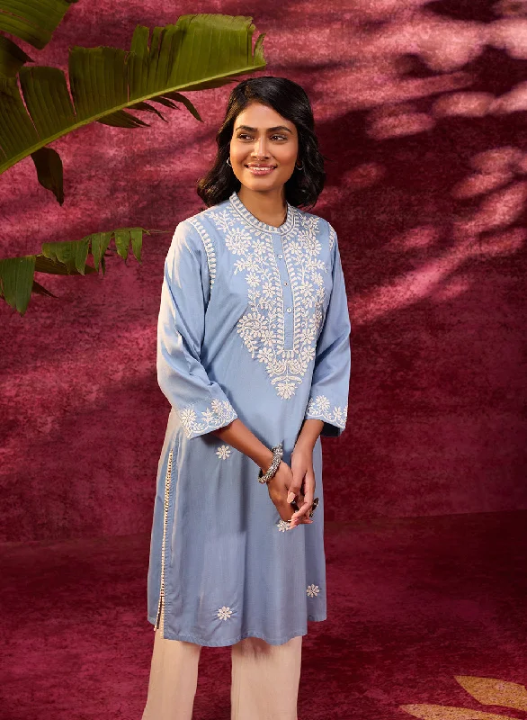 Weekend Special Saadgi Windy Blue Embroidered Cotton Linen Tunic for Women