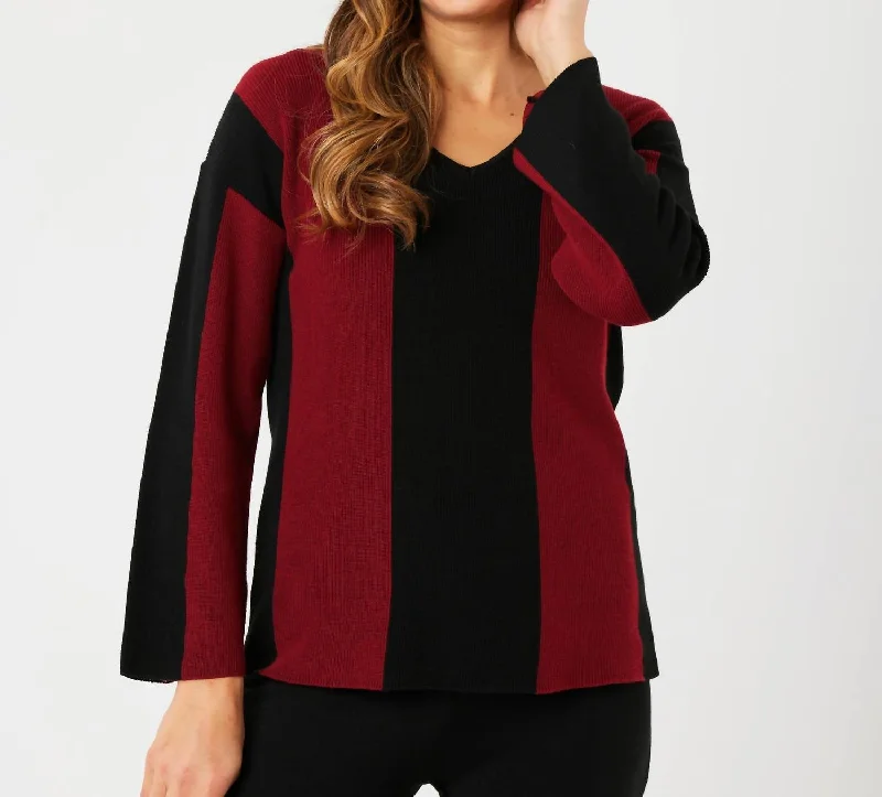 Super Sale V-Neck Ribbed Sweater In Black/wine