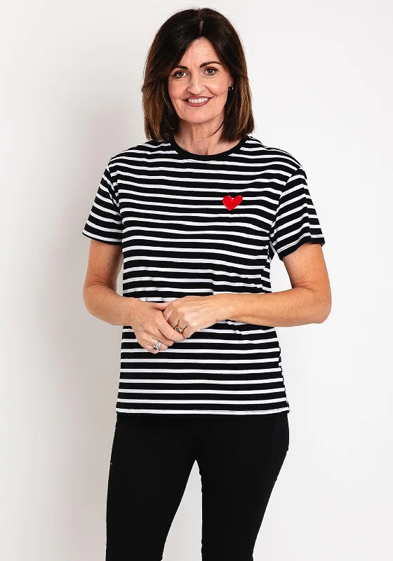 Hurry In Serafina Collection Striped Heart Motif T-Shirt, Black