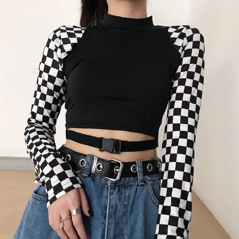 Weekend Price Cuts Galore STREET FASHION STITCHING LATTICE LONG SLEEVE T-SHIRT BY22362 Weekend Price Cuts Galore STREET FASHION STITCHING LATTICE LONG SLEEVE T-SHIRT BY22362