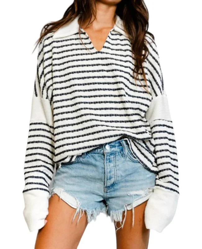 Deal of the Day Striped Collared Pullover Sweater In Ivory/black