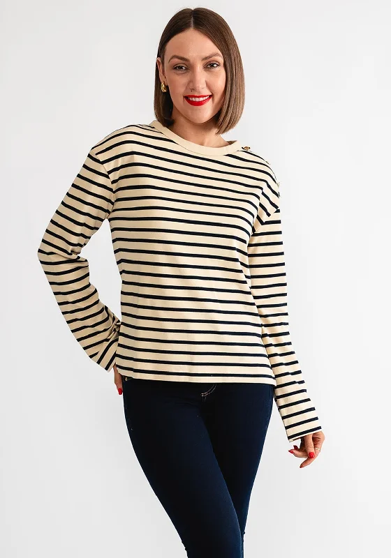 Take Action Tommy Hilfiger Womens Stripe Gold Button Top, Beige