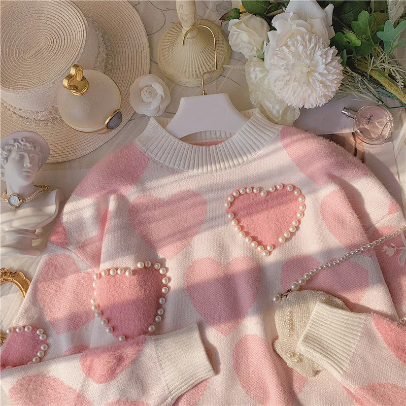 Seasonal Sale Pink Pearl Heart Knit Sweater PL52772