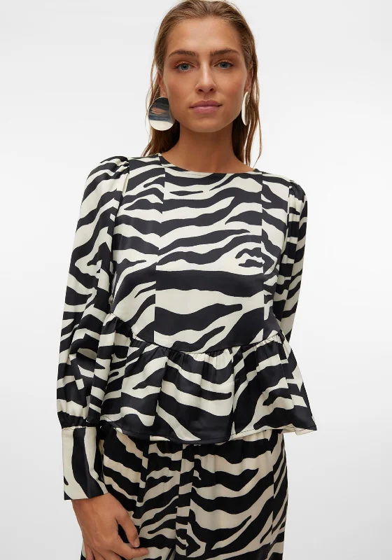 Super Deal Vero Moda Ingrid Zebra Print Peplum Top, Black & White